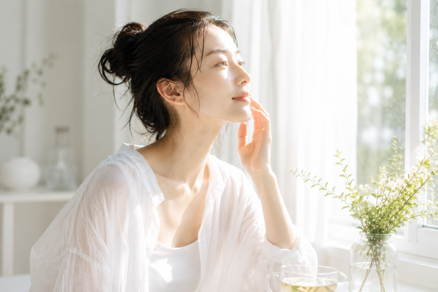 朝の光の中で肌に触れる