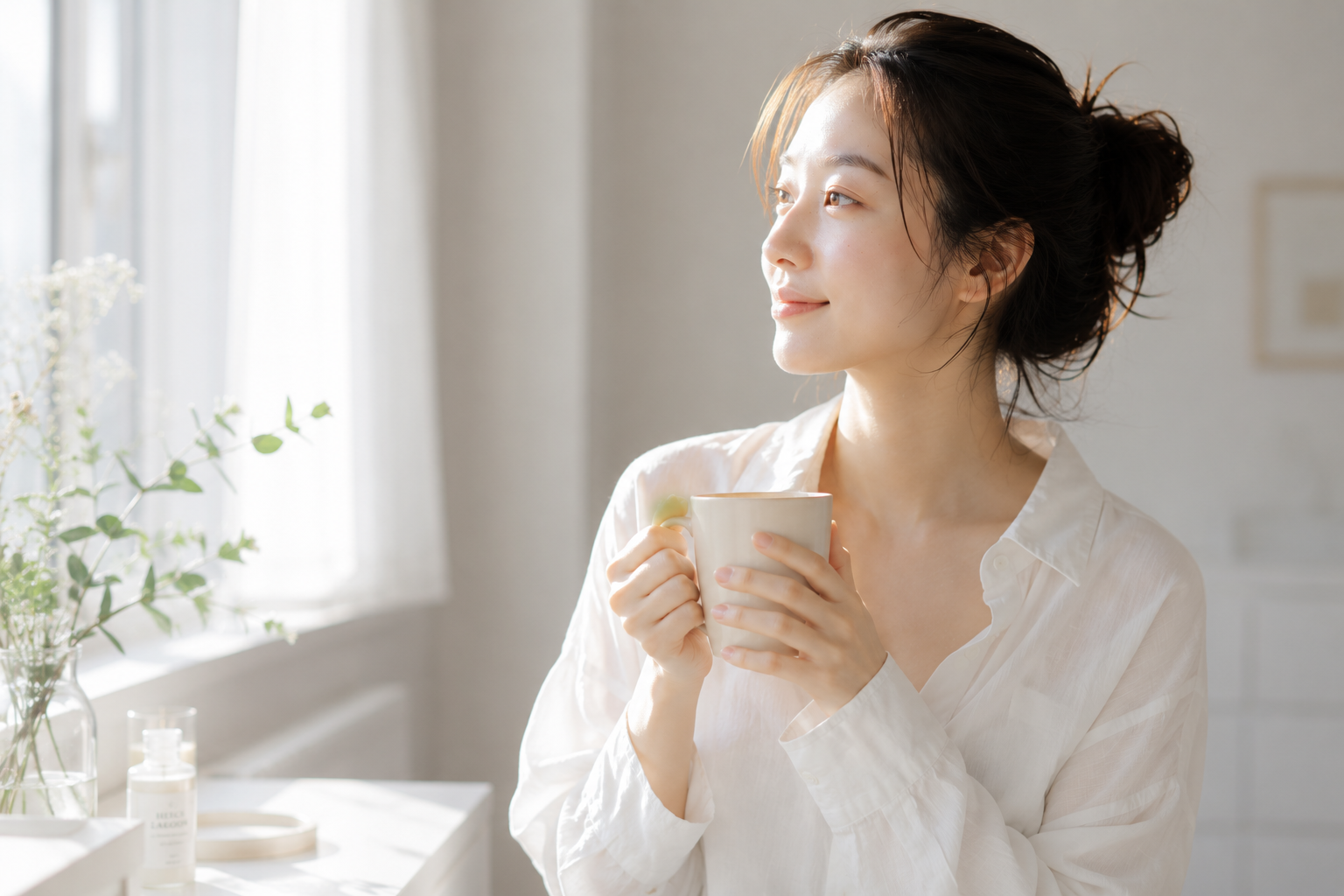 朝の柔らかな光の中の肌