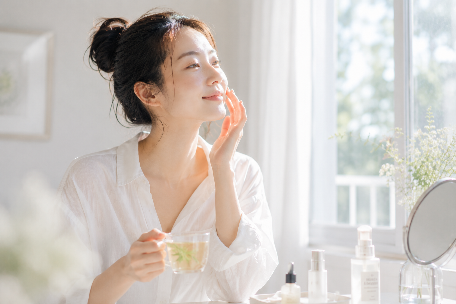 朝の素肌、やわらかな手触り